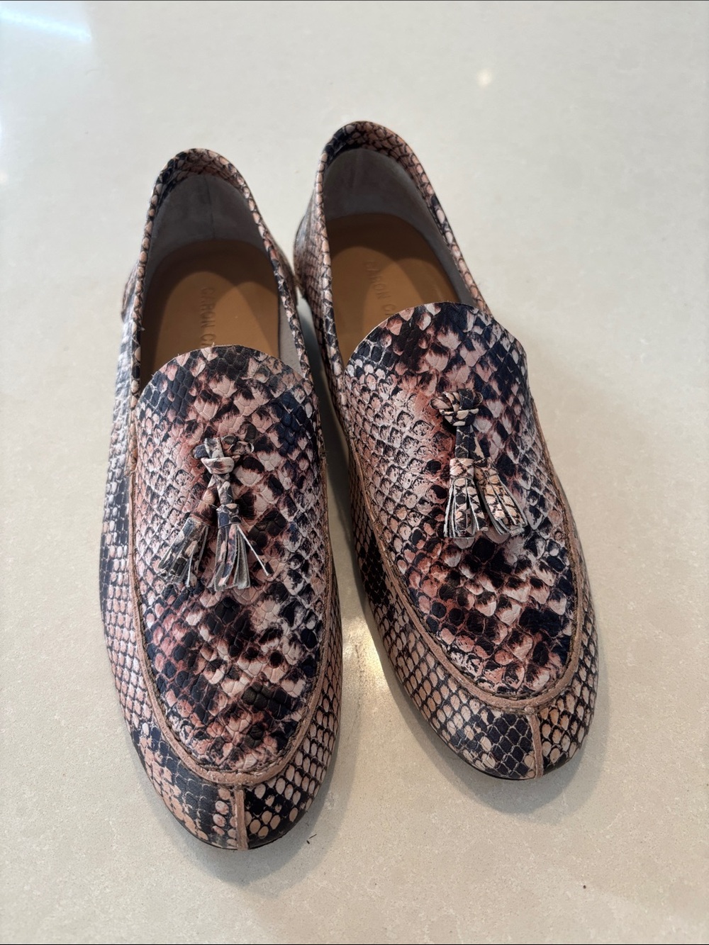 Caron Callahan Snake-Print Tassel Loafers in Pink Brown